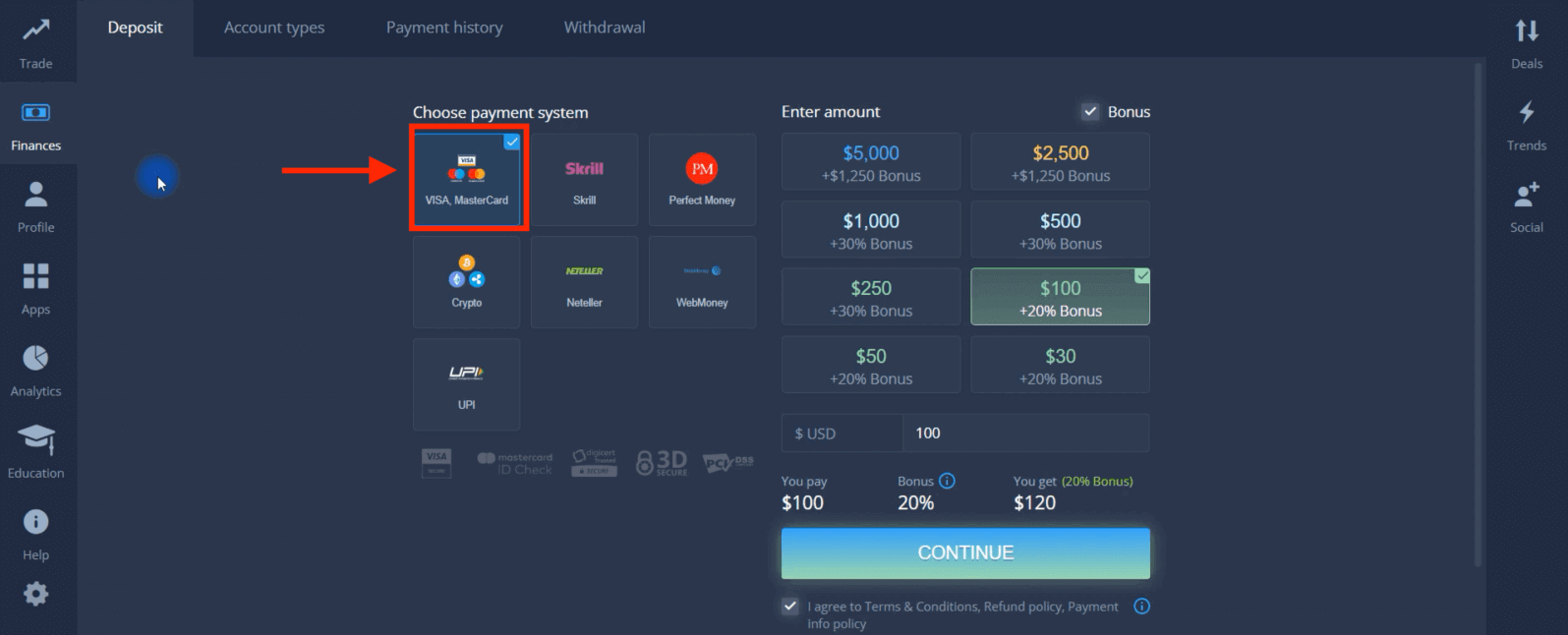 Deposite dinheiro em ExpertOption via cartões bancários (Visa / Mastercard), pagamentos eletrônicos e criptomoeda no Egito Deposite dinheiro em ExpertOption via cartões bancários (Visa / Mastercard), pagamentos eletrônicos e criptomoeda no Egito
