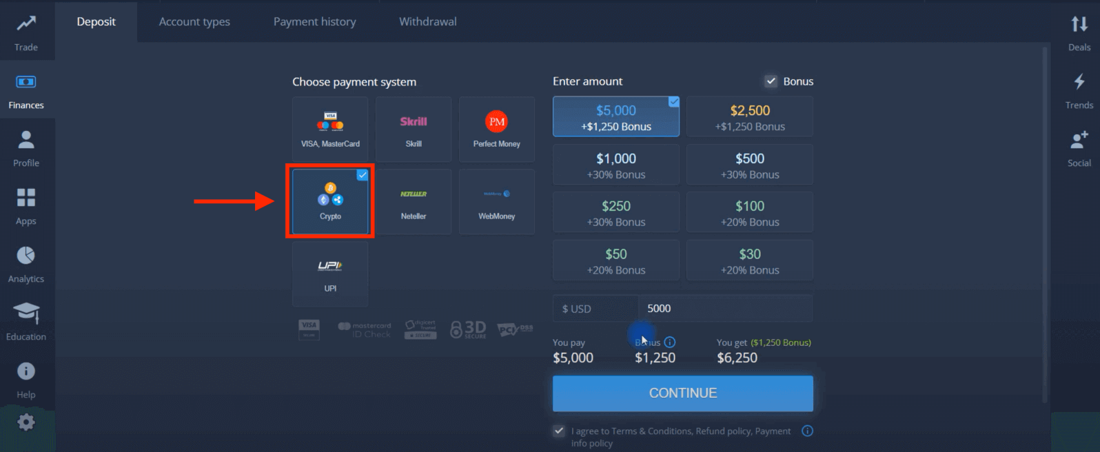 Deposite dinero en ExpertOption mediante tarjetas bancarias (Visa / Mastercard), pagos electrónicos y criptomonedas en Malasia Deposite dinero en ExpertOption mediante tarjetas bancarias (Visa / Mastercard), pagos electrónicos y criptomonedas en Malasia
