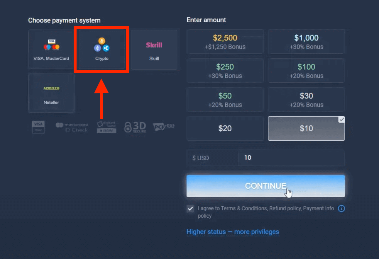 Indbetal penge i ExpertOption via bankkort (Visa / Mastercard), E-betalinger (Skrill, Neteller) og Cryptocurrency i Sydafrika