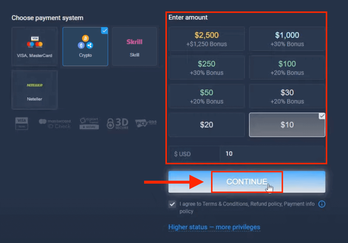 Indbetal penge i ExpertOption via bankkort (Visa / Mastercard), E-betalinger (Skrill, Neteller) og Cryptocurrency i Sydafrika