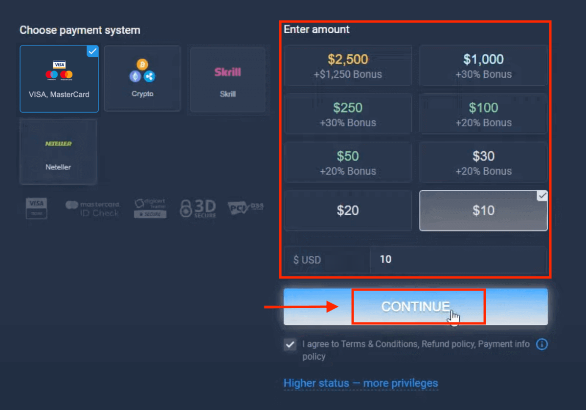 Indbetal penge i ExpertOption via bankkort (Visa / Mastercard), E-betalinger (Skrill, Neteller) og Cryptocurrency i Sydafrika