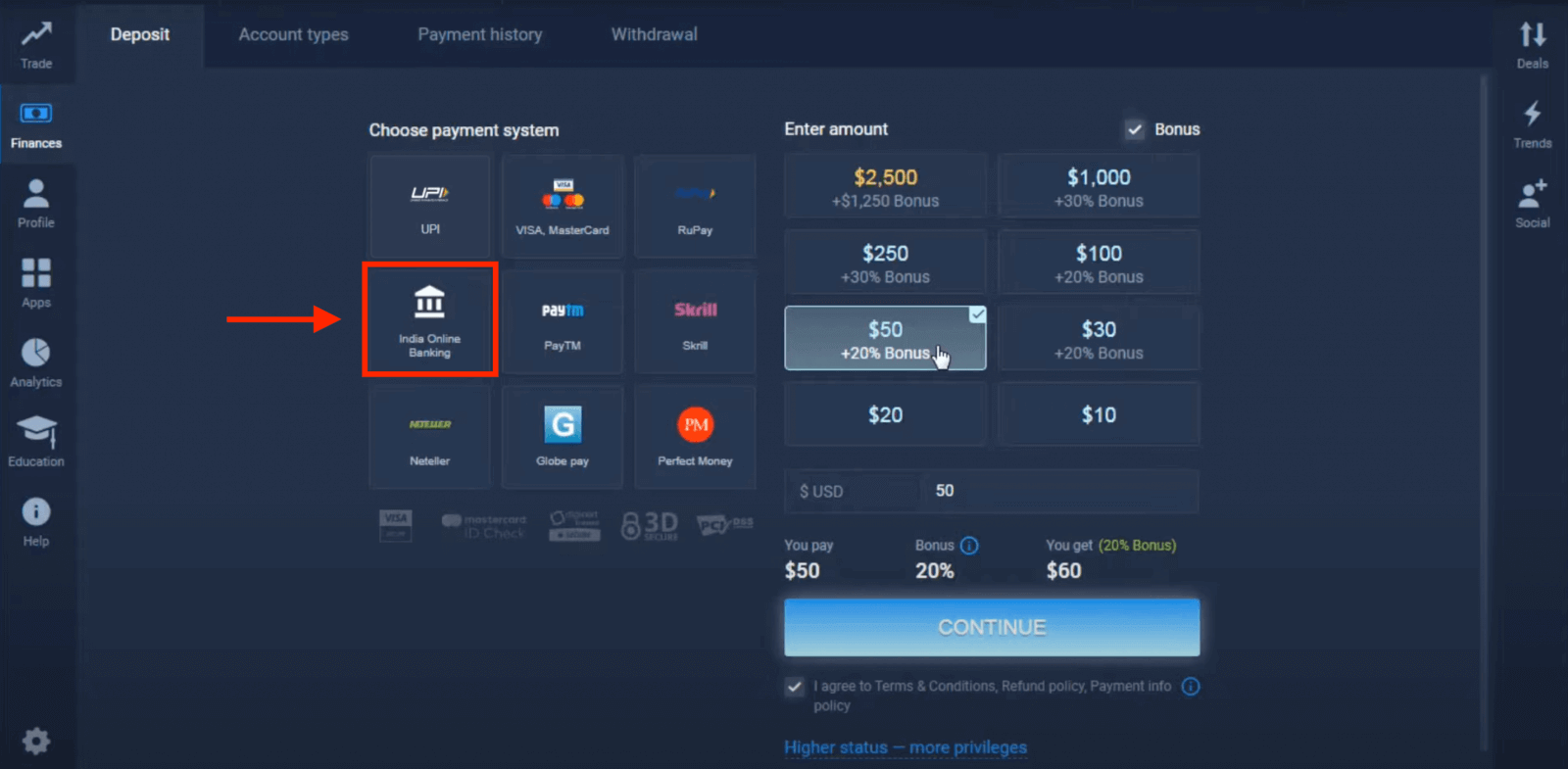 銀行カード (Visa / Mastercard)、電子決済 (UPI、RuPay、Skrill、Neteller、PayTM、Globe pay、Perfect Money) およびインドの暗号通貨を介して ExpertOption に入金 銀行カード (Visa / Mastercard)、電子決済 (UPI、RuPay、Skrill、Neteller、PayTM、Globe pay、Perfect Money) およびインドの暗号通貨を介して ExpertOption に入金