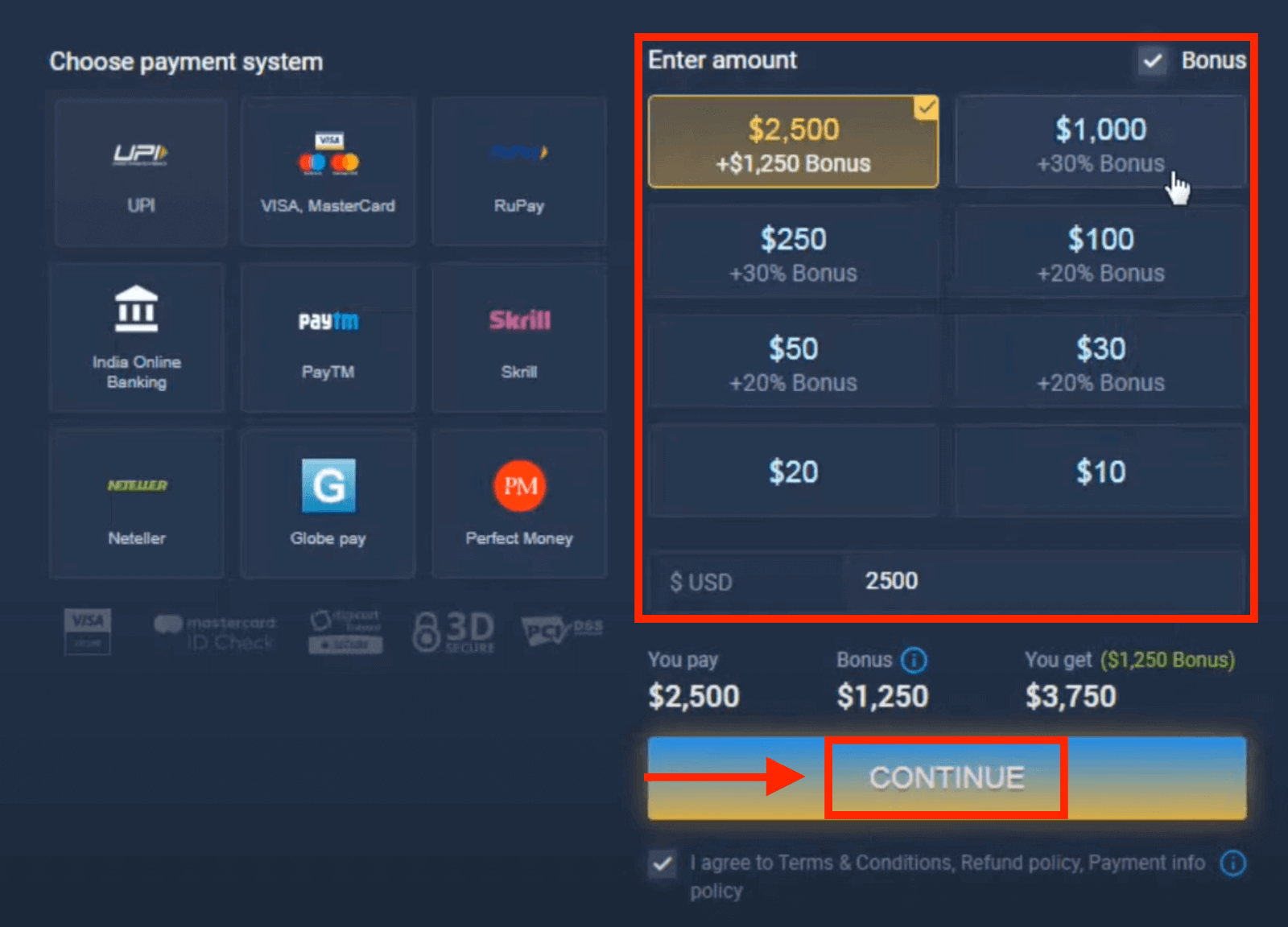 銀行カード (Visa / Mastercard)、電子決済 (UPI、RuPay、Skrill、Neteller、PayTM、Globe pay、Perfect Money) およびインドの暗号通貨を介して ExpertOption に入金 銀行カード (Visa / Mastercard)、電子決済 (UPI、RuPay、Skrill、Neteller、PayTM、Globe pay、Perfect Money) およびインドの暗号通貨を介して ExpertOption に入金
