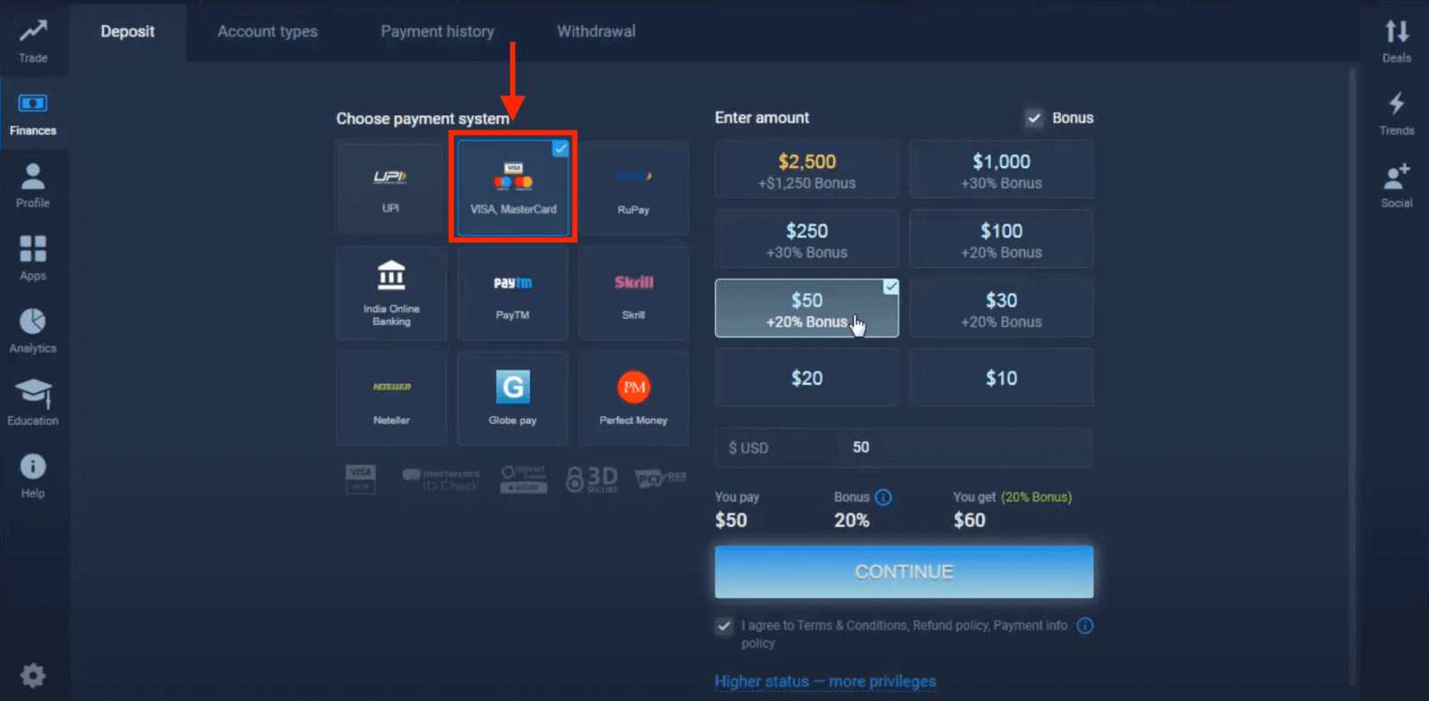 Indbetal penge i ExpertOption via bankkort (Visa / Mastercard), E-betalinger (UPI, RuPay, Skrill, Neteller, PayTM, Globe pay, Perfect Money) og Cryptocurrency i Indien Indbetal penge i ExpertOption via bankkort (Visa / Mastercard), E-betalinger (UPI, RuPay, Skrill, Neteller, PayTM, Globe pay, Perfect Money) og Cryptocurrency i Indien