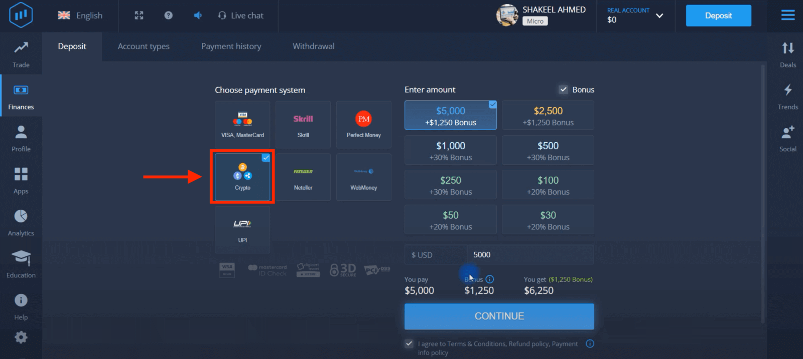 Indbetal penge i ExpertOption via bankkort (Visa / Mastercard), E-betalinger (UPI, RuPay, Skrill, Neteller, PayTM, Globe pay, Perfect Money) og Cryptocurrency i Indien Indbetal penge i ExpertOption via bankkort (Visa / Mastercard), E-betalinger (UPI, RuPay, Skrill, Neteller, PayTM, Globe pay, Perfect Money) og Cryptocurrency i Indien