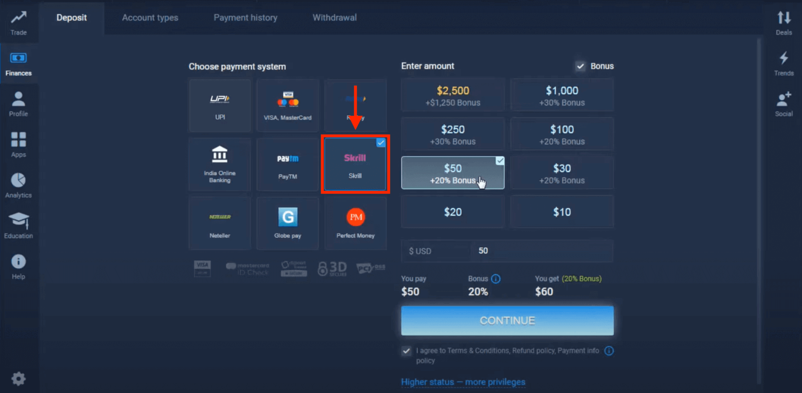 Indbetal penge i ExpertOption via bankkort (Visa / Mastercard), E-betalinger (UPI, RuPay, Skrill, Neteller, PayTM, Globe pay, Perfect Money) og Cryptocurrency i Indien Indbetal penge i ExpertOption via bankkort (Visa / Mastercard), E-betalinger (UPI, RuPay, Skrill, Neteller, PayTM, Globe pay, Perfect Money) og Cryptocurrency i Indien
