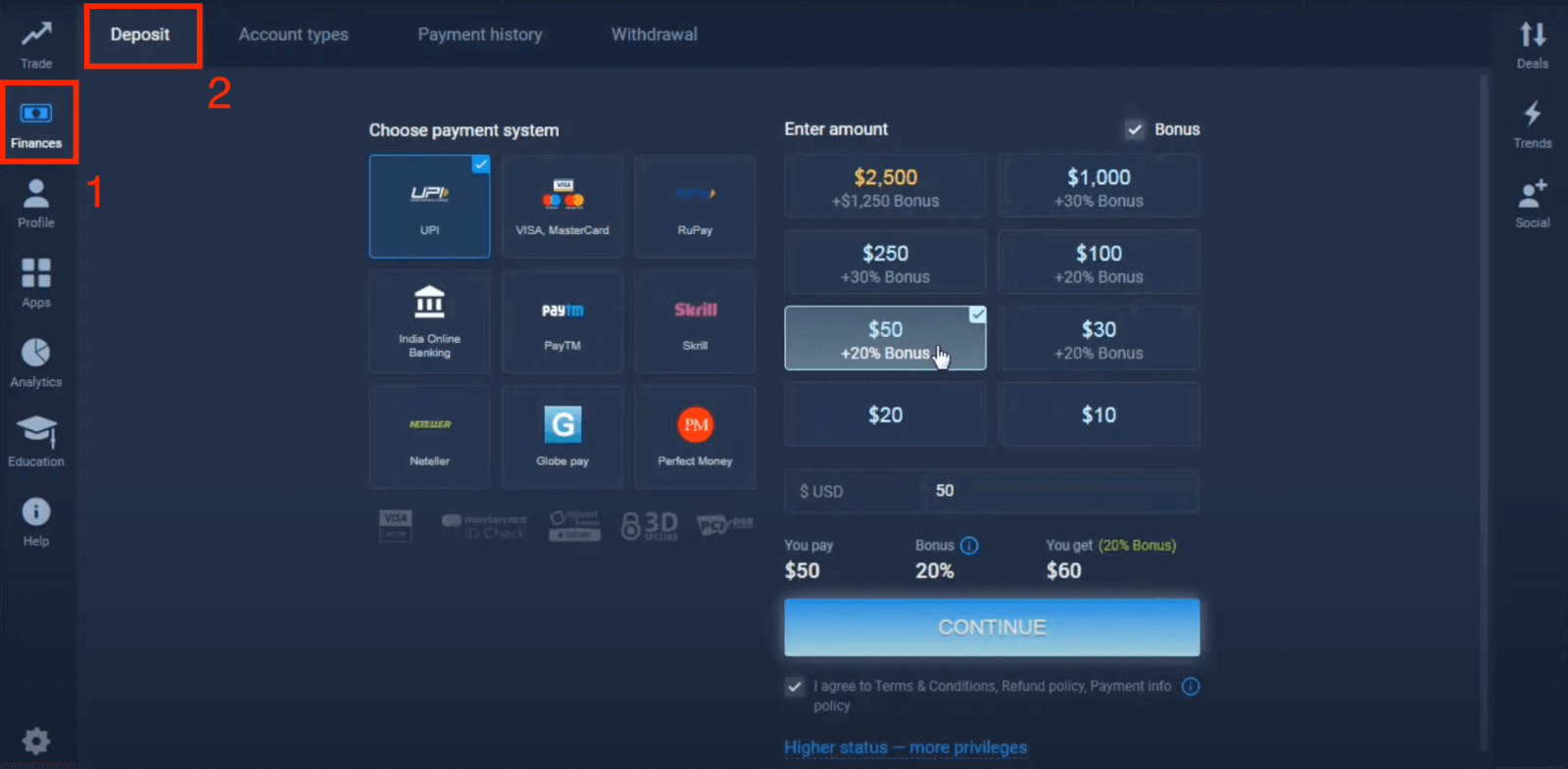 Indbetal penge i ExpertOption via bankkort (Visa / Mastercard), E-betalinger (UPI, RuPay, Skrill, Neteller, PayTM, Globe pay, Perfect Money) og Cryptocurrency i Indien Indbetal penge i ExpertOption via bankkort (Visa / Mastercard), E-betalinger (UPI, RuPay, Skrill, Neteller, PayTM, Globe pay, Perfect Money) og Cryptocurrency i Indien