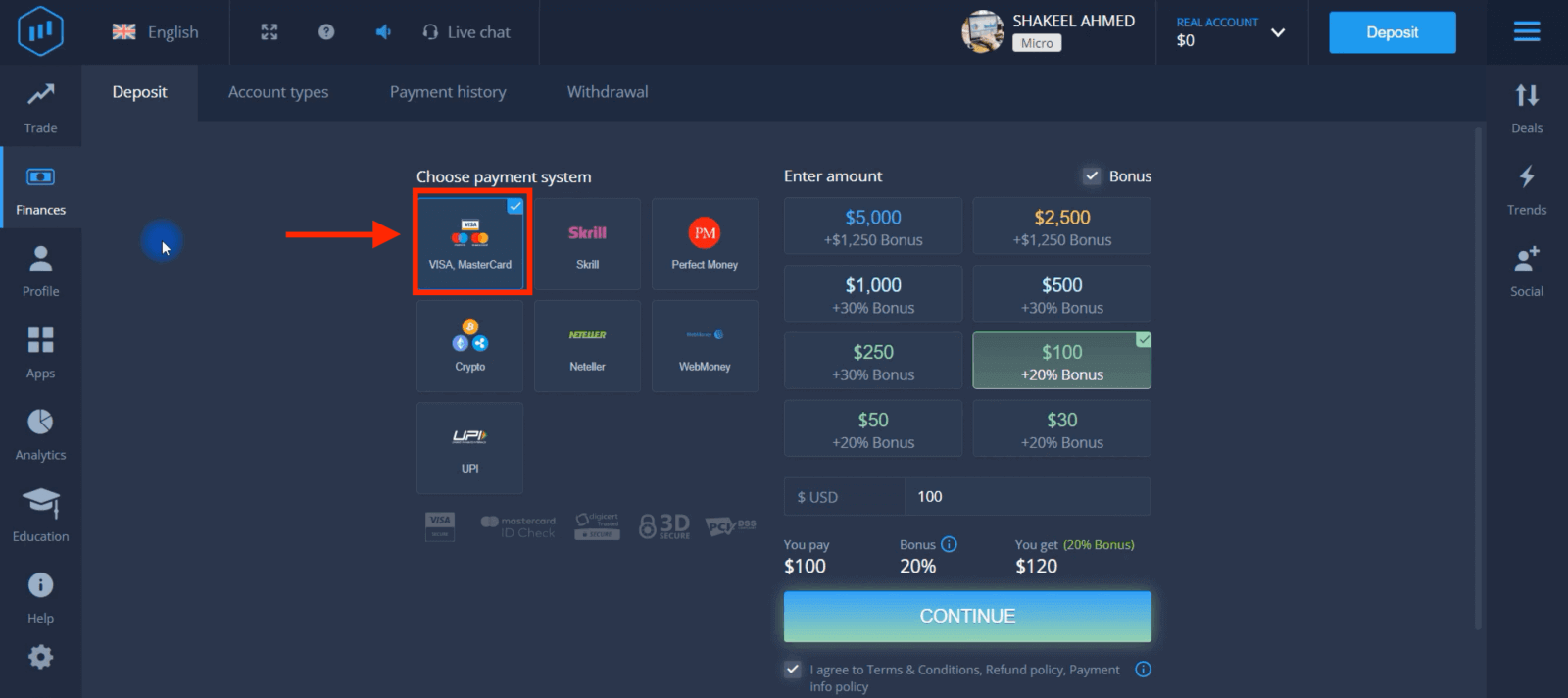 Indbetal penge i ExpertOption via bankkort (Visa / Mastercard), e-betalinger (UPI, Skrill, Neteller, WebMoney, Perfect Money) og Cryptocurrency i Pakistan Indbetal penge i ExpertOption via bankkort (Visa / Mastercard), e-betalinger (UPI, Skrill, Neteller, WebMoney, Perfect Money) og Cryptocurrency i Pakistan
