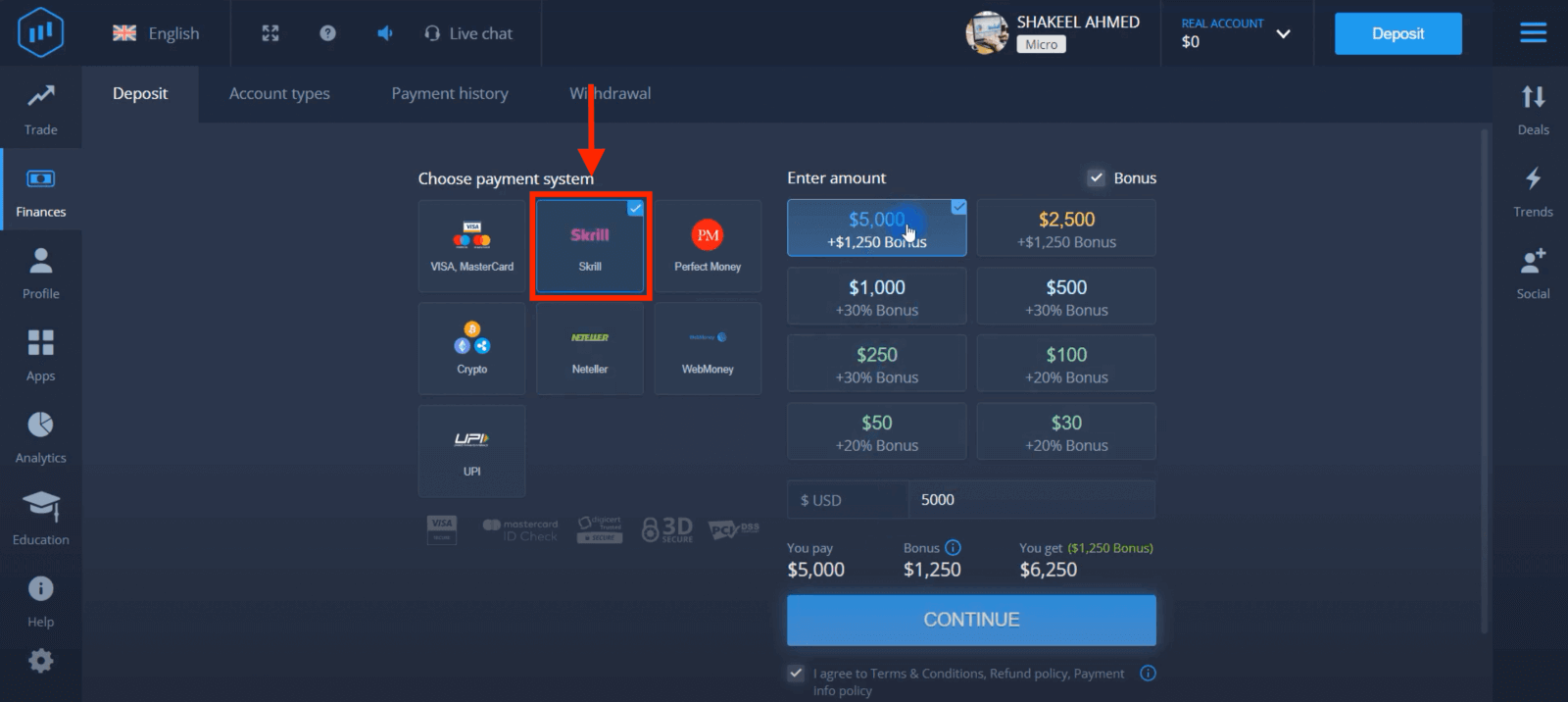 Indbetal penge i ExpertOption via bankkort (Visa / Mastercard), e-betalinger (UPI, Skrill, Neteller, WebMoney, Perfect Money) og Cryptocurrency i Pakistan Indbetal penge i ExpertOption via bankkort (Visa / Mastercard), e-betalinger (UPI, Skrill, Neteller, WebMoney, Perfect Money) og Cryptocurrency i Pakistan