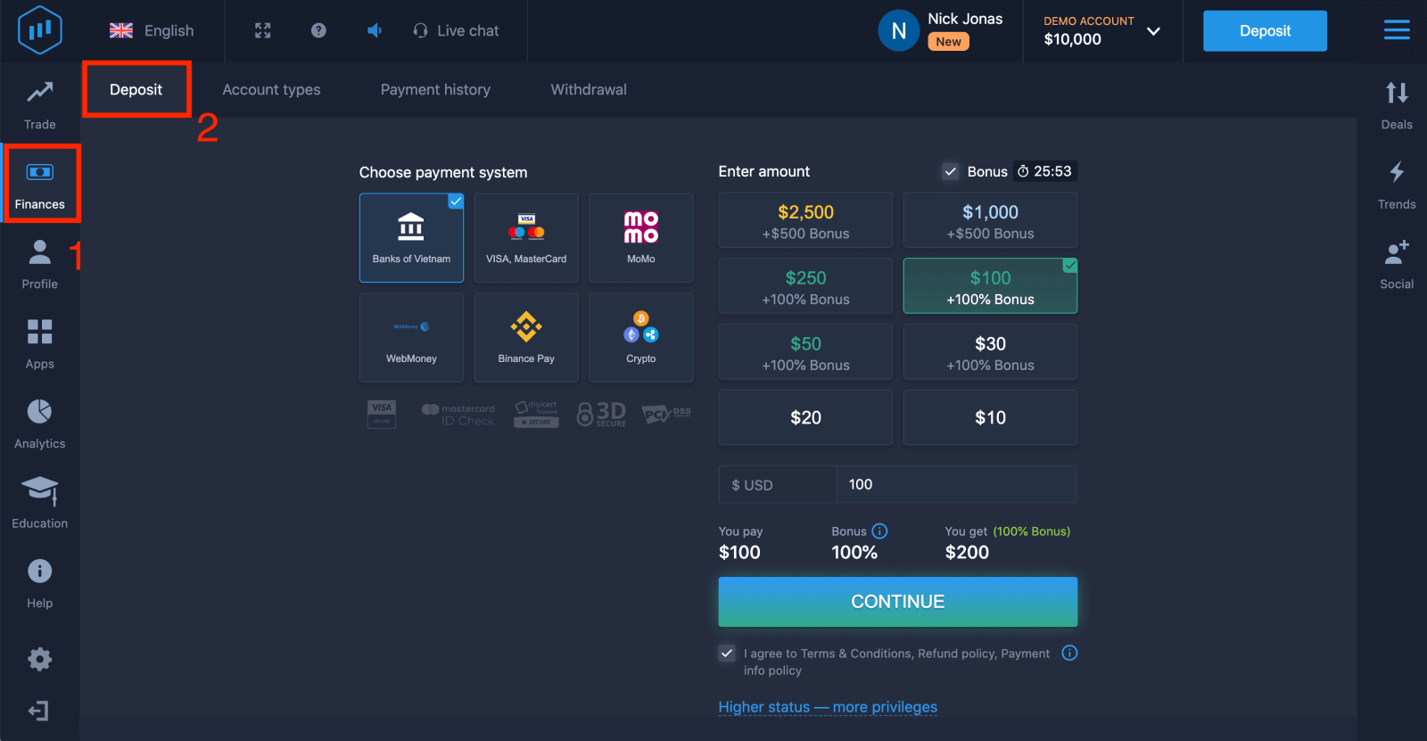 Indbetal penge i ExpertOption via bankkort (Visa / Mastercard), internetbank, e-betalinger (MoMo, Perfect Money) og kryptovaluta i Vietnam Indbetal penge i ExpertOption via bankkort (Visa / Mastercard), internetbank, e-betalinger (MoMo, Perfect Money) og kryptovaluta i Vietnam