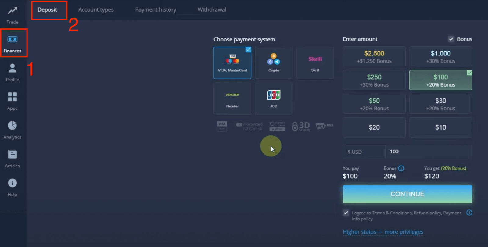 ฝากเงินใน ExpertOption ผ่านบัตรธนาคาร (Visa / Mastercard / JCB), การชำระเงินทางอิเล็กทรอนิกส์ (Skrill, Neteller) และ Cryptocurrency ในฟิลิปปินส์