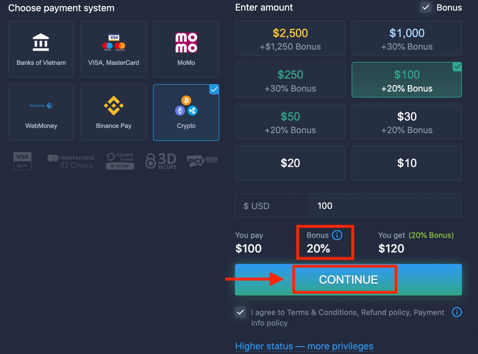 Kripto vasitəsilə ExpertOption-də pul yatırın: Metodlar və Limitlər