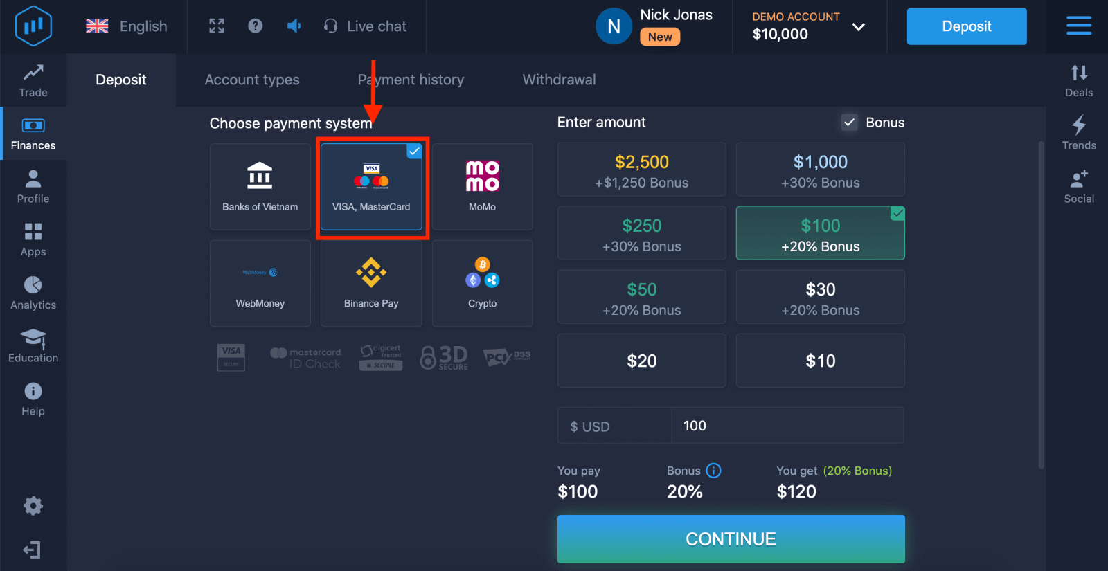 Sådan indbetaler du penge og handler med binære optioner hos ExpertOption