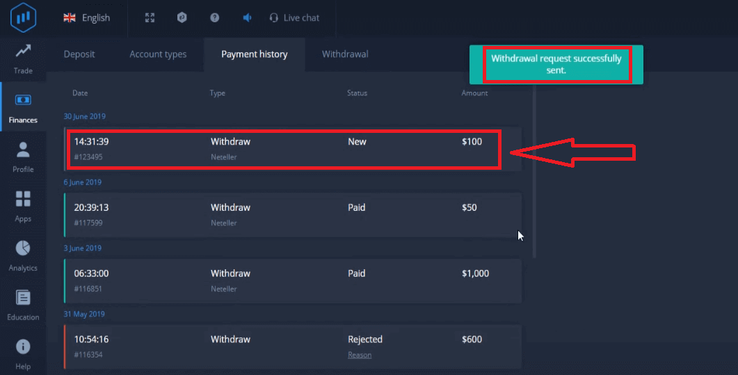Com registrar i retirar diners a ExpertOption